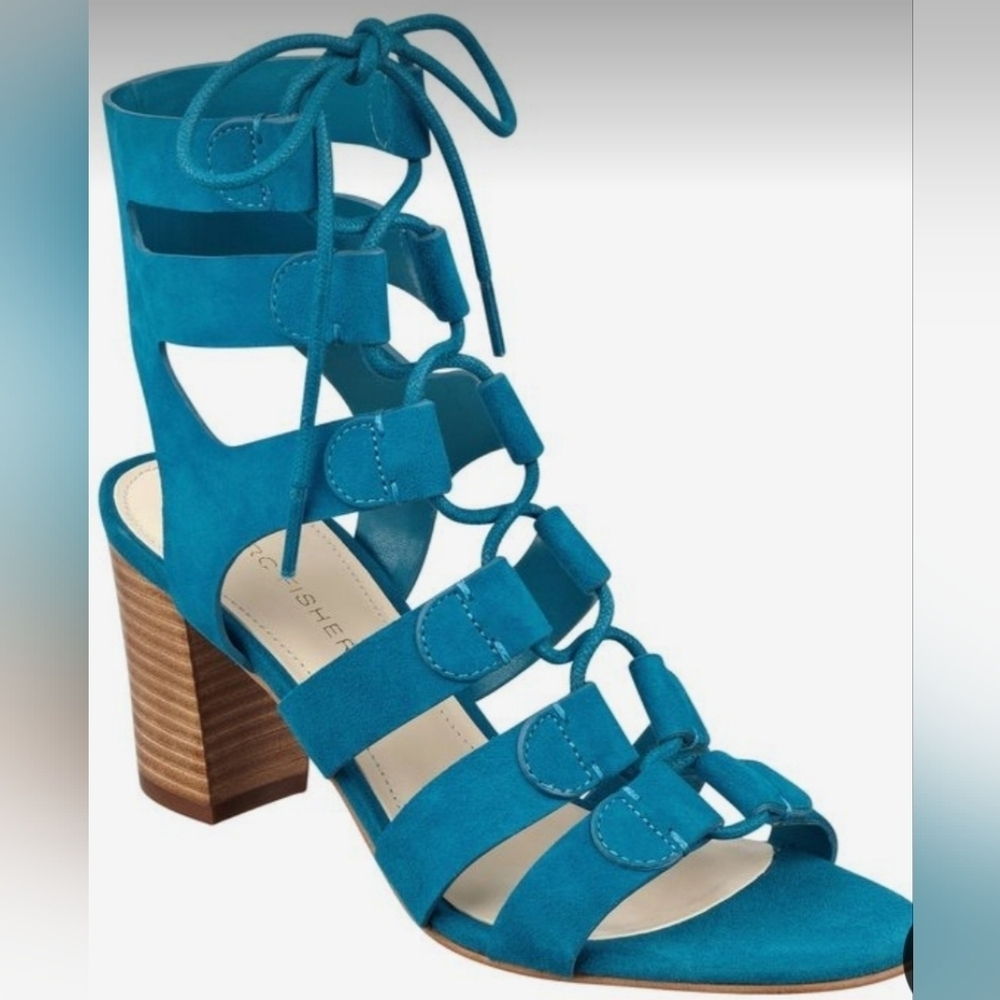 Marc Fisher Patsey Caged Laceup Blue Suede Heeled Sandals-Size 7.5